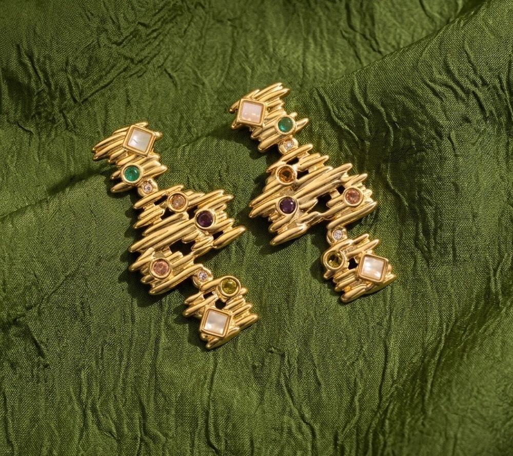 Art Deco Geometric Earrings Monet Abstract Gold CZ VTG 80a Boho Retro Statement